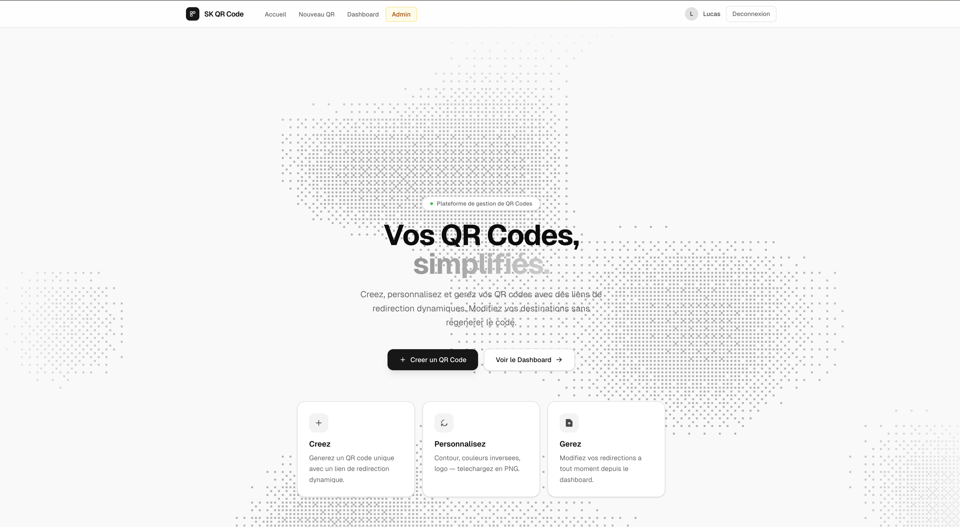 Page d'accueil du site de gestion de QR code pour l'entreprise SwissKrono