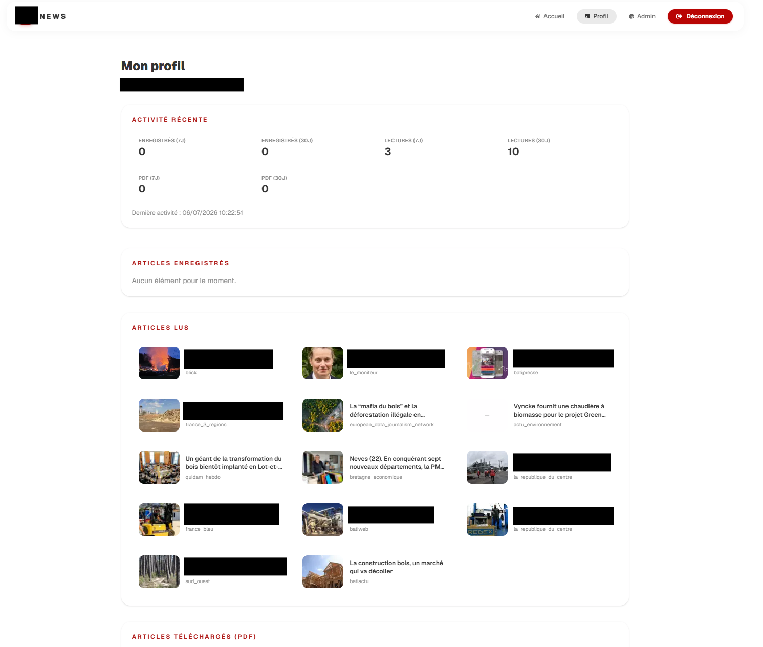 Page de suivis de l'activité du lecteur
